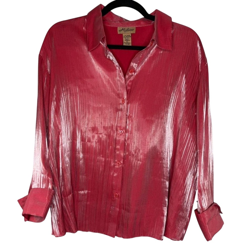 Vintage‎ Milano Metallic Pink Crinkle Button Down Blouse XL Y2K Glam Party Top